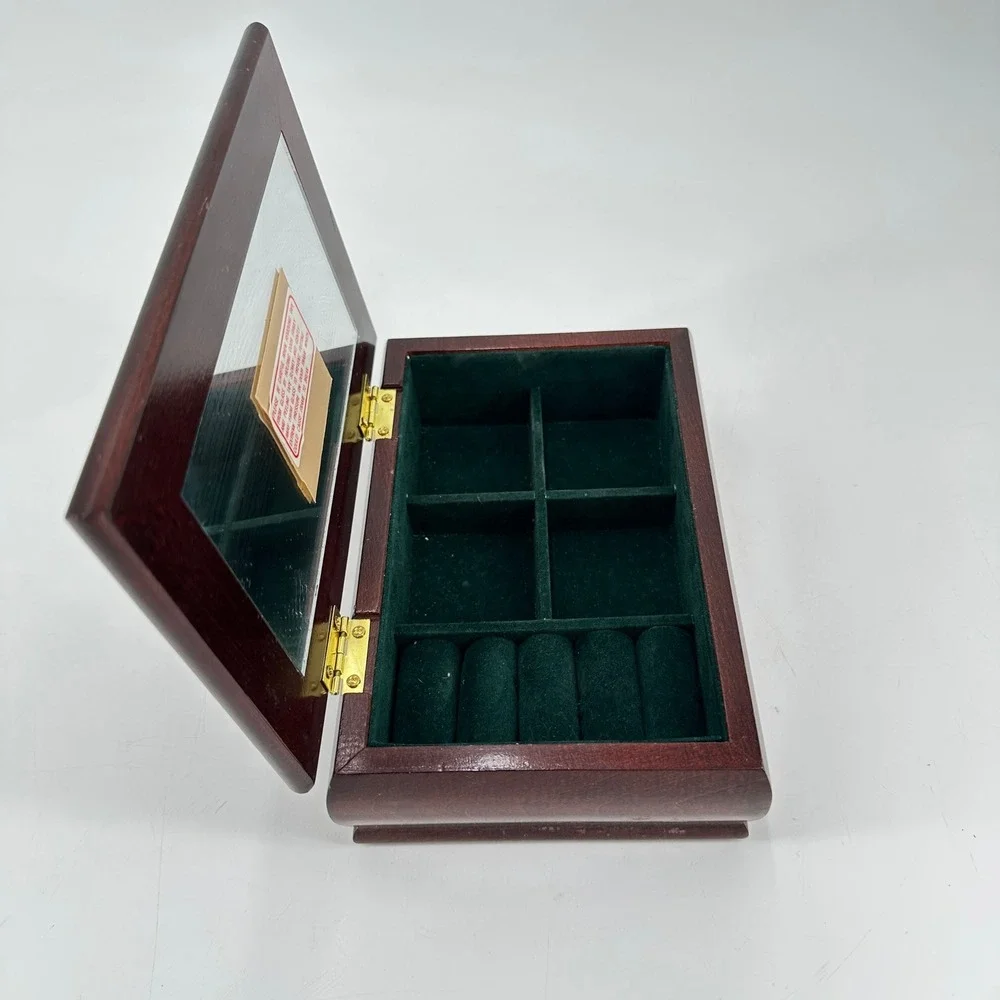 Vintage Floral Tapestry Wooden Jewelry Box Green‎ Velvet Lining Mirror Ring Roll